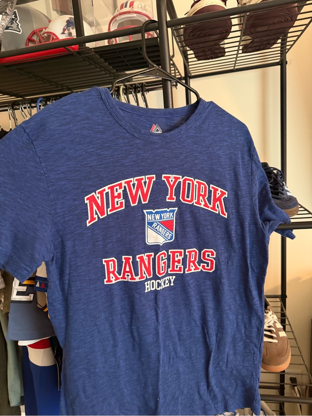 Majestic New York Rangers Blue Short Sleeve Tee with Red and White Logo